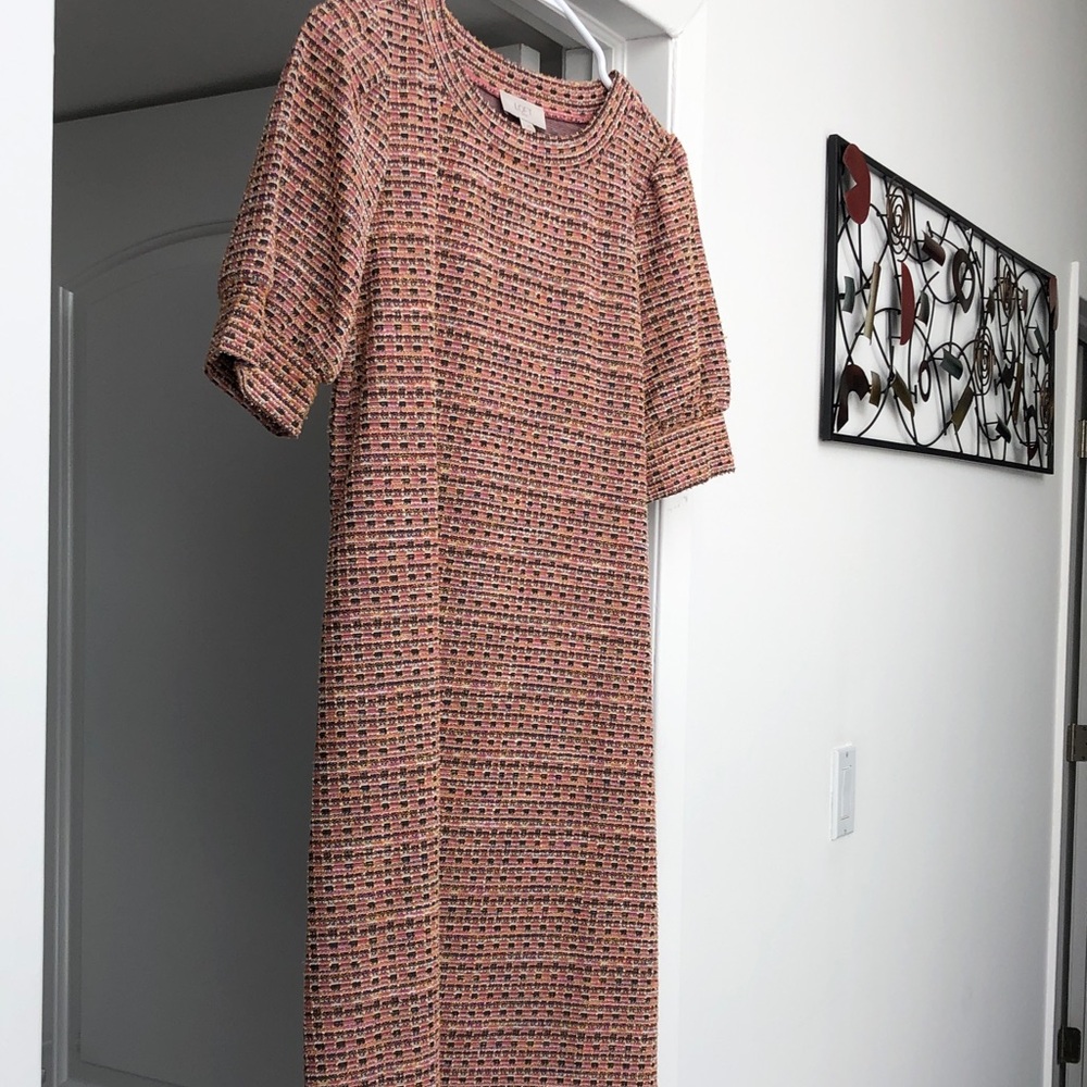 LOFT Pink Multicolor Tweed Midi Dress